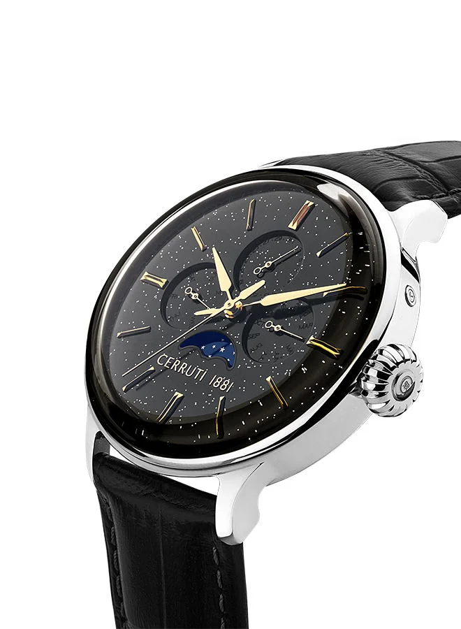 CERRUTI 1881 Men's Round Shape Leather Band Analog Wrist Watch 43 mm - Black Dial - CIWGF2224606