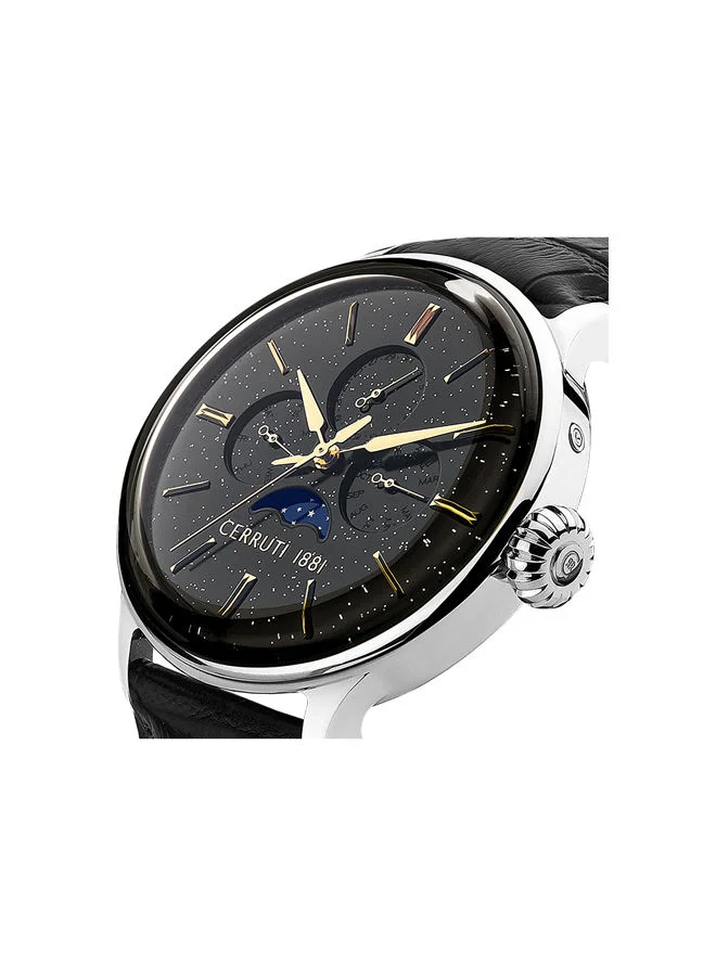 CERRUTI 1881 Men's Round Shape Leather Band Analog Wrist Watch 43 mm - Black Dial - CIWGF2224606