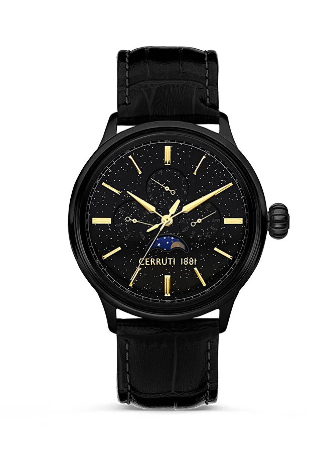 CERRUTI 1881 Men's Round Shape Leather Band Analog Wrist Watch 43 mm - Black Dial - CIWGF2224606