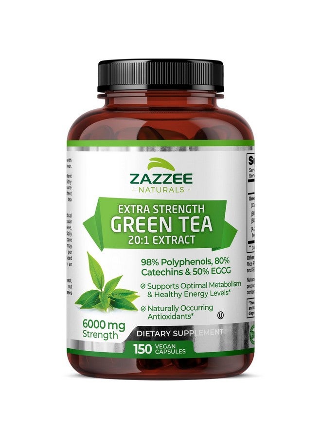 Zazzee Extra Strength Green Tea 20:1 Extract, 6000 mg Strength, 50% EGCG, 98% Polyphenols and 80% Catcehins, 150 Vegan Capsules, 5 Month Supply, Standardized and Concentrated 20X Potency, Non-GMO - Image 1