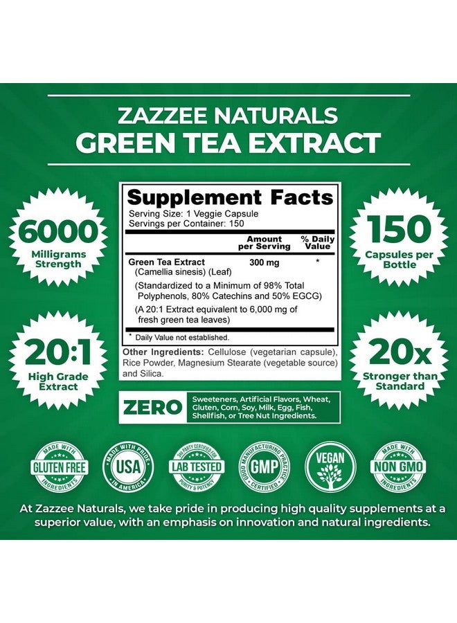 Zazzee Extra Strength Green Tea 20:1 Extract, 6000 mg Strength, 50% EGCG, 98% Polyphenols and 80% Catcehins, 150 Vegan Capsules, 5 Month Supply, Standardized and Concentrated 20X Potency, Non-GMO - Image 2