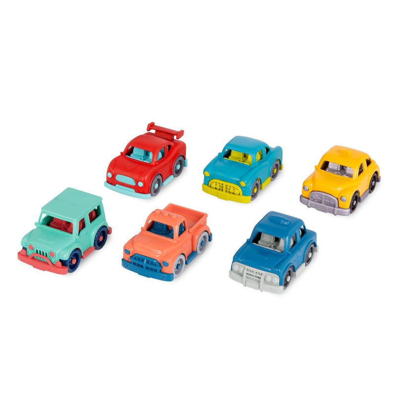 Battat â€“ Wonder Wheels â€“ Set of 6 Mini Toy Cars for Kids â€“ Race Car, Truck, Taxi, Police, Retro, 4x4 â€“ Pretend Play â€“ Recyclable Materials â€“ Mini Riders â€“ 1 Year + - Image 1