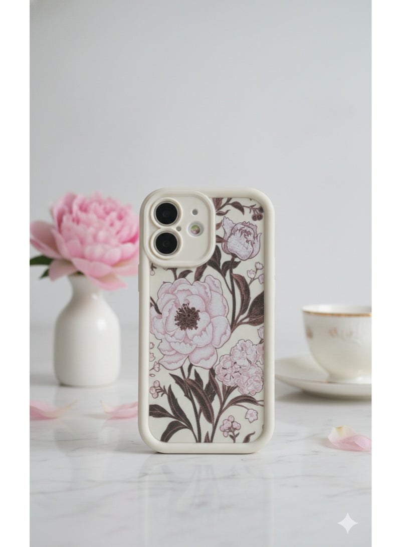 Grace A stunning cream-colored canvas adorned with intricate, soft-pink floral illustrations and deep charcoal foliage for a refined, vintage look Case - protective cover for Iphone 16 - Image 1
