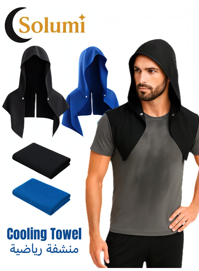 سولومي طقم 2 قطع منشفة رياضية ومنشفة نادي بغطاء رأس للتبريد – أغطية تبريد للرأس والرقبة مع حماية من الشمس والأشعة فوق البنفسجية – مثالية للجيم والرياضة والجري واليوغا (أسود وأزرق ملكي) - Image 1