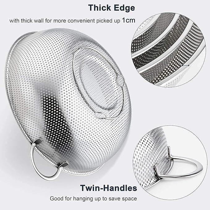 DORATIK Stainless Steel MicroPerforated 28 cm Colander Kitchen Strainer Sieve with Handle Bowl Pasta Rice Fruit Noodles Vegetable wash Drainer Veggie Washing Bowl Colander - Image 4