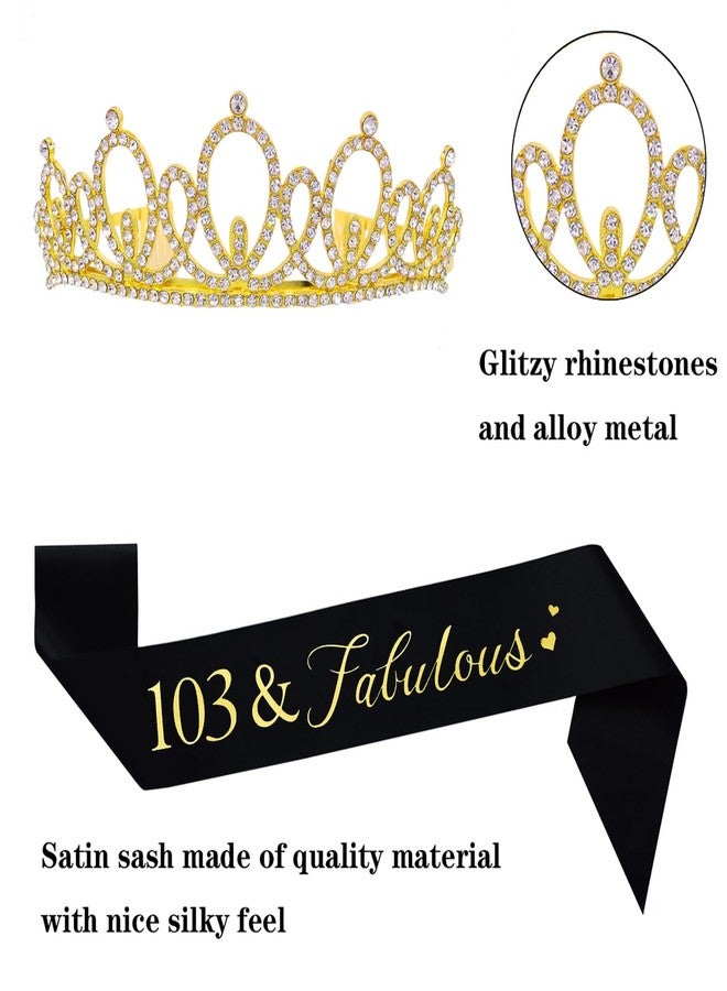 Mayin Happy 103rd Birthday Tiara and Sash Gifts Crystal Rhinestone Princess Crown Birthday Women Party Favor Supplies Gold Crowns Black Sash - Image 3