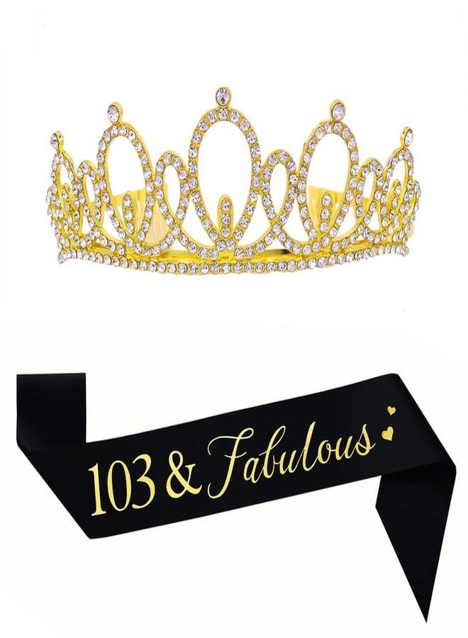 Mayin Happy 103rd Birthday Tiara and Sash Gifts Crystal Rhinestone Princess Crown Birthday Women Party Favor Supplies Gold Crowns Black Sash - Image 1