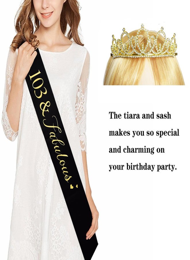 Mayin Happy 103rd Birthday Tiara and Sash Gifts Crystal Rhinestone Princess Crown Birthday Women Party Favor Supplies Gold Crowns Black Sash - Image 4