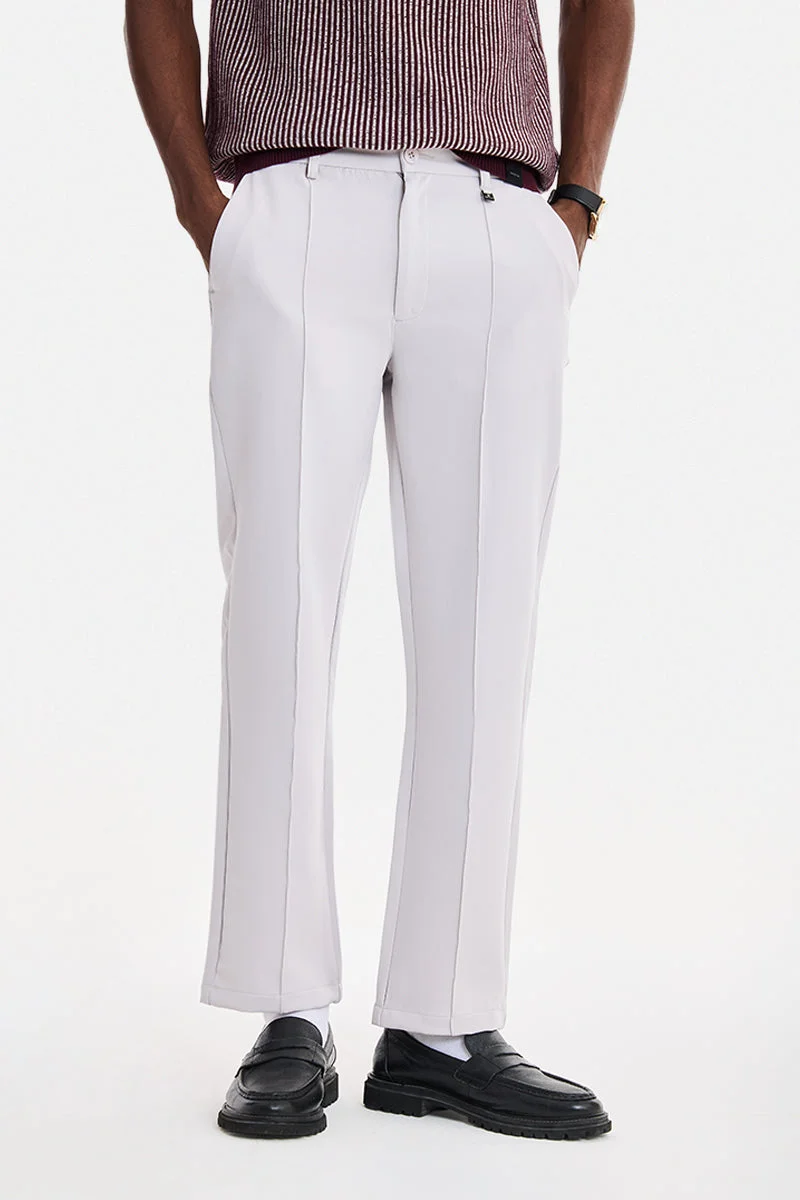SNITCH Light Grey Textured Straight Fit Formal Trousers