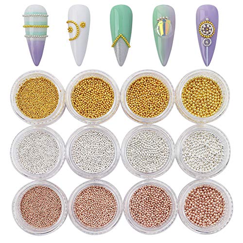 Sindy 12-Piece Nail Caviar Beads Fashion Gold, Silver & Rose Gold Nail Steel Ball Kit with Tools & Accessories for Women (Mixed Sizes) - Image 1
