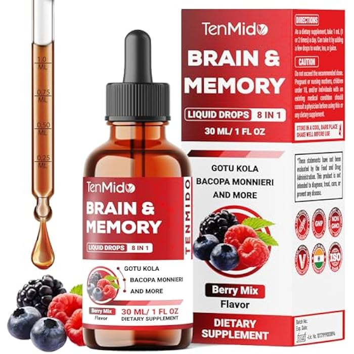 Tenmido 8in1 Brain Health Support Liquid with Gotu Kola, Bacopa, Skullcap, Panax Ginseng, Ginkgo Biloba, Sage Leaf, Holy Basil and Rosemary - 30ml 1 Fl Oz - Image 1