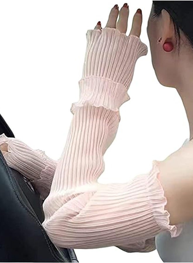 Women's loose arm sleeves anti-ultraviolet arm guards breathable sunscreen ice sleeves lace thin driving ice silk sleeves（Pink）
