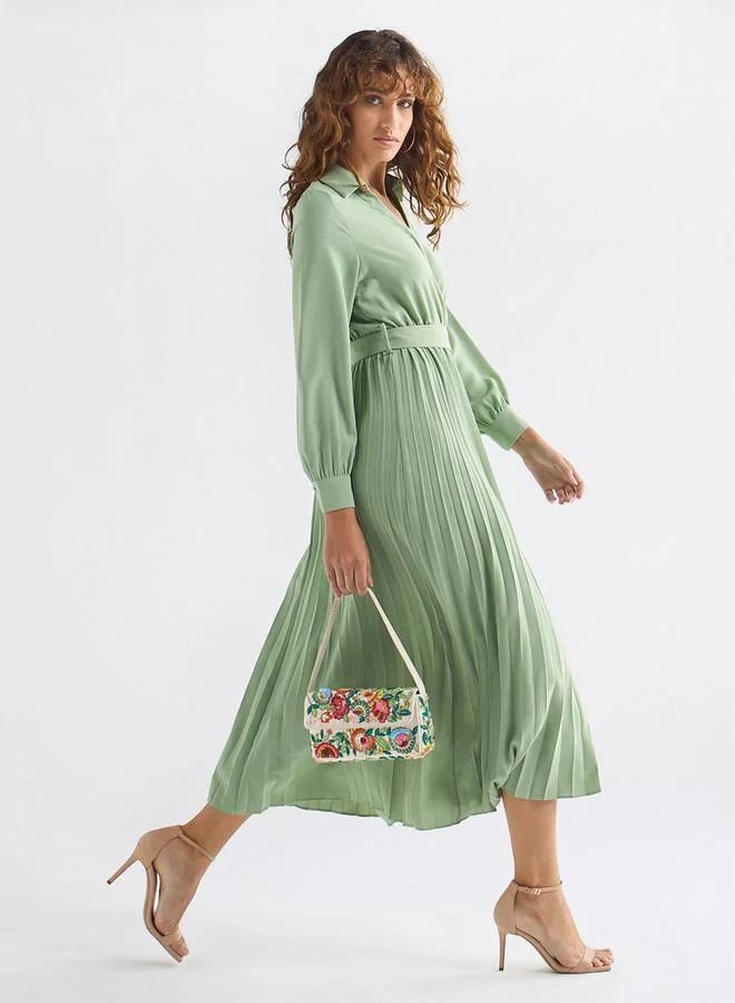 سبلاش فيڤ فستان قميص بأكمام طويلة وحزام وطيات