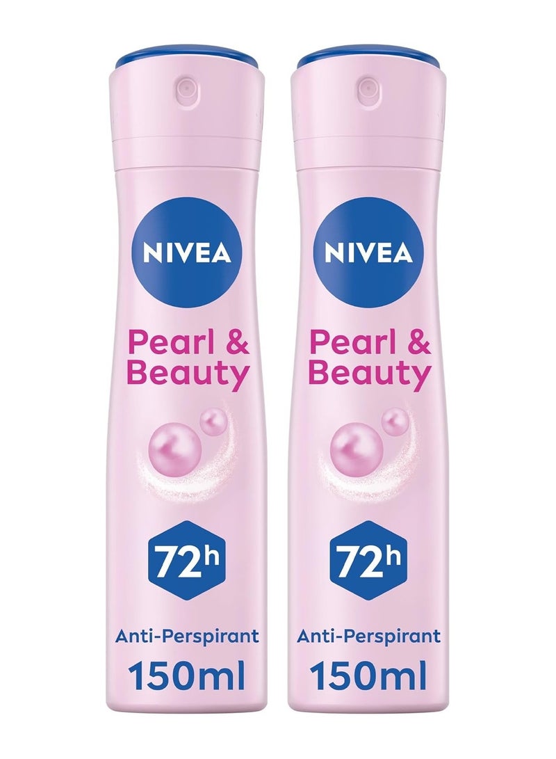 نيفيا بخاخ مزيل العرق بيرل آند بيوتي من نيفيا للنساء، ناعم وأملس، حماية فعالة تدوم 48 ساعة، خالٍ من الكحول، مع خلاصة اللؤلؤ وزيت الأفوكادو، 2 × 150 مل، عبوة من قطعتين
