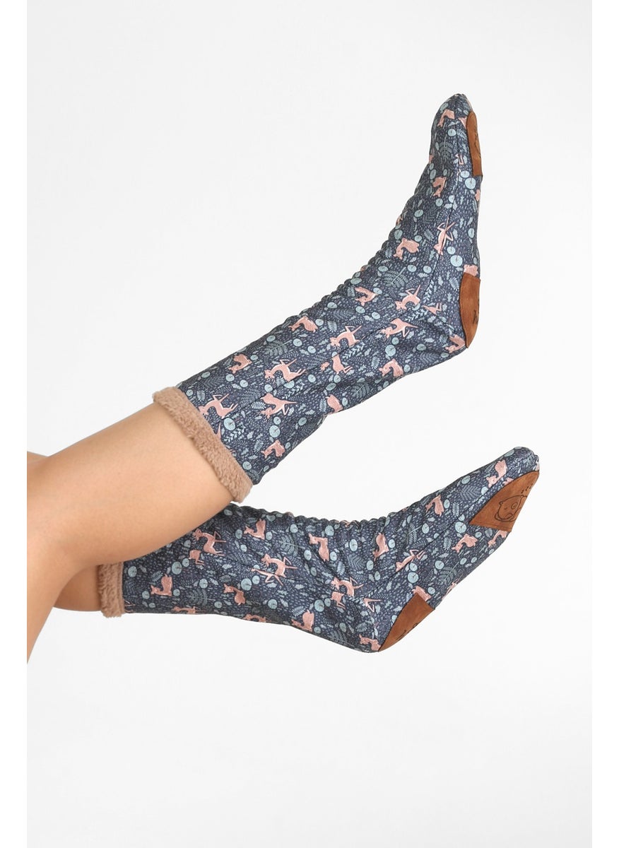 Hamur Dough Women's Colorful Patterned Winter Socks Anti-Slip Booties CRP-042 Deer Beige Wellsoft  - Image 1