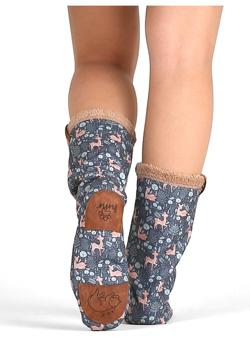 Hamur Dough Women's Colorful Patterned Winter Socks Anti-Slip Booties CRP-042 Deer Beige Wellsoft  - Image 3