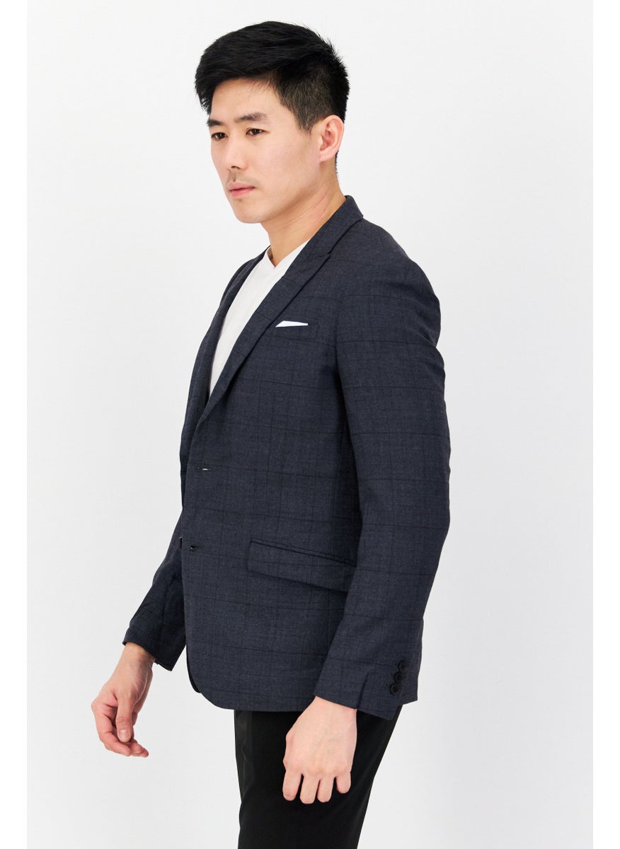 SELECTED Men Regular Fit Plaid Semi Formal Blazer, Navy Blue  - Image 2