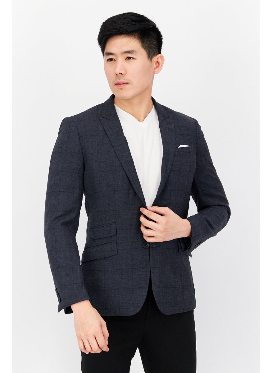 SELECTED Men Regular Fit Plaid Semi Formal Blazer, Navy Blue  - Image 1
