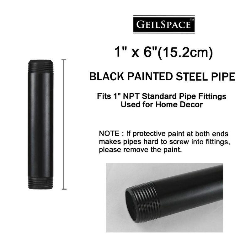 Geilspace 1"" ? 6"" Pre-Cut Black Metal Pipe Industrial Steel Fits Standard One Inch Black Threaded Pipes And Fittings - Vintage Diy Industrial Shelving (1"" ? 6"" Black) - Image 2
