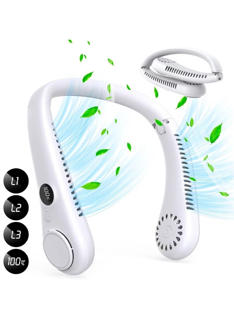 Denx Portable Hanging Neck Fan with Digital Screen Display, 5 Speed Levels, USB Rechargeable 360° Cooling Wearable Personal Fan for Travel, Work, Sports & Outdoor Use, White – DX2576 - Image 1