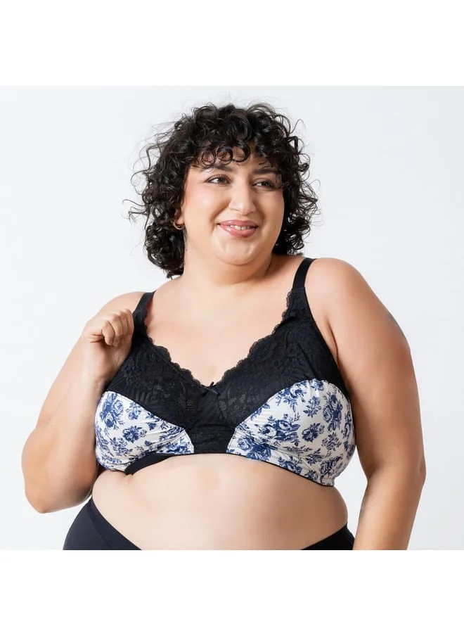 Aadaraya Aadaraya Floral Print Laced Bra with Hook and Eye Closure