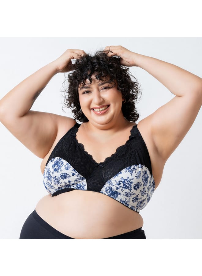 Aadaraya Aadaraya Floral Print Laced Bra with Hook and Eye Closure  - Image 1