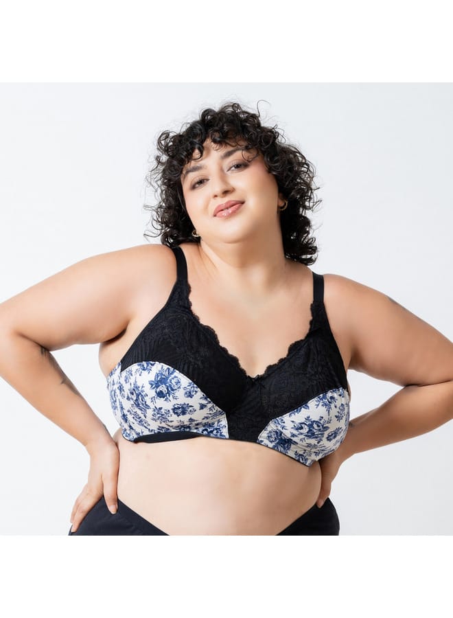 Aadaraya Aadaraya Floral Print Laced Bra with Hook and Eye Closure  - Image 3