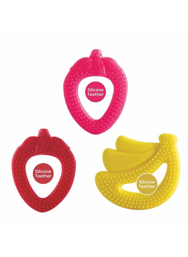 Beebaby Fruit Shape Soft Silicone Teethers Combo With Carrying Case. 100% Bpafree. 100% Food Grade. (Pink Strawberry Yellow Banana & Red Strawberry) 3 Months + - Image 1