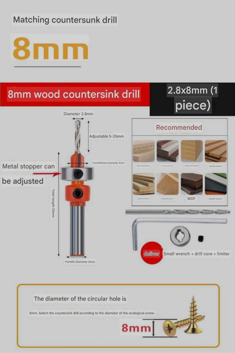 ELIKLIV 8mm Edge Banding Leather Punch Woodworking Flat Bevel Punch Pliers Sinking Hole Screw Cap Metal Clamp Precise Scale Positioning Zinc Alloy / All Iron Durable Design - Image 2