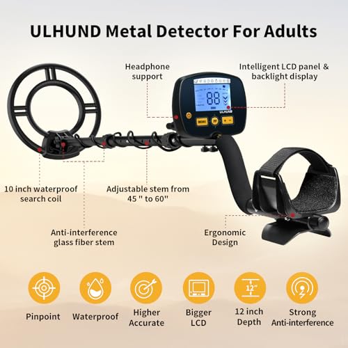 ULHUND Upgraded Metal Detector for Adults Professional - High Accuracy Gold Finder with DSP Chip & 10" IP68 Waterproof Search Coil, 12" Deep Detection and 60" Adjustable Length for Beach & Yard - Image 2