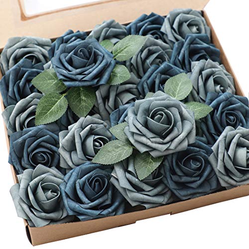 Floroom Artificial Flowers 25pcs Real Looking Dusty Blue Foam Fake Roses with Stems for DIY Wedding Bouquets Bridal Shower Floral Centerpieces Party Tables Decorations - Image 1