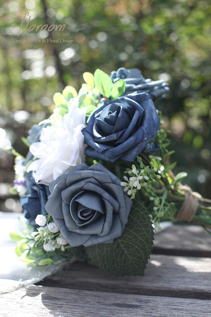 Floroom Artificial Flowers 25pcs Real Looking Dusty Blue Foam Fake Roses with Stems for DIY Wedding Bouquets Bridal Shower Floral Centerpieces Party Tables Decorations - Image 3