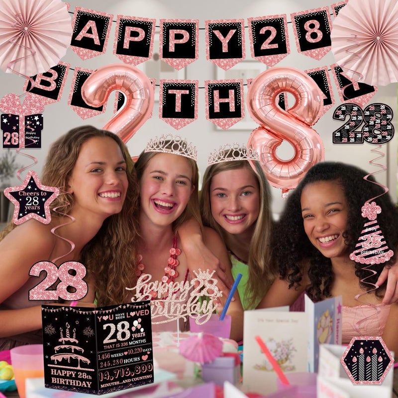 Juesly 28th Birthday Decorations for Women,32PCS 28th Birthday Party Decorations,Including Backdrop, Crown, Sash, banner, Hanging Swirl,balloons,Cake Topper,Paper Fans and Anniversary Card - Image 4