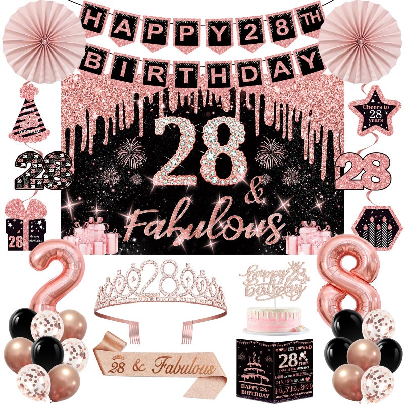 Juesly 28th Birthday Decorations for Women,32PCS 28th Birthday Party Decorations,Including Backdrop, Crown, Sash, banner, Hanging Swirl,balloons,Cake Topper,Paper Fans and Anniversary Card - Image 1