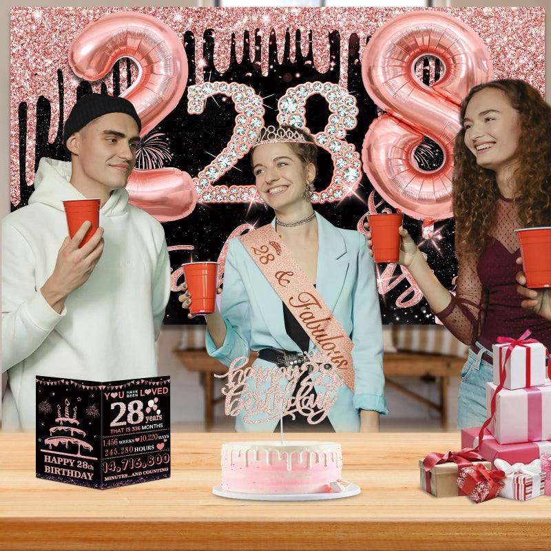 Juesly 28th Birthday Decorations for Women,32PCS 28th Birthday Party Decorations,Including Backdrop, Crown, Sash, banner, Hanging Swirl,balloons,Cake Topper,Paper Fans and Anniversary Card - Image 5