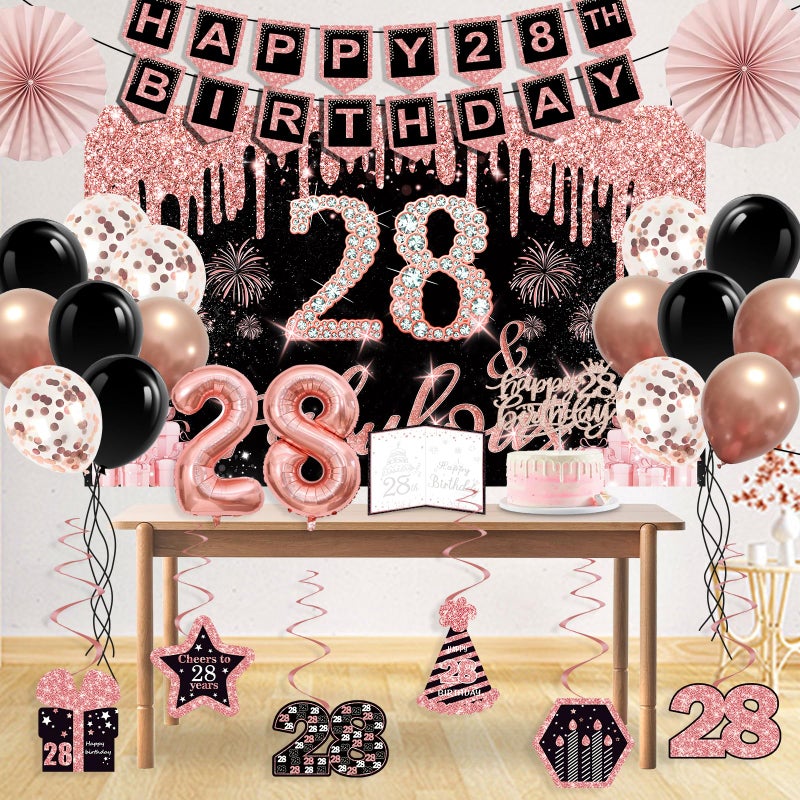 Juesly 28th Birthday Decorations for Women,32PCS 28th Birthday Party Decorations,Including Backdrop, Crown, Sash, banner, Hanging Swirl,balloons,Cake Topper,Paper Fans and Anniversary Card - Image 3