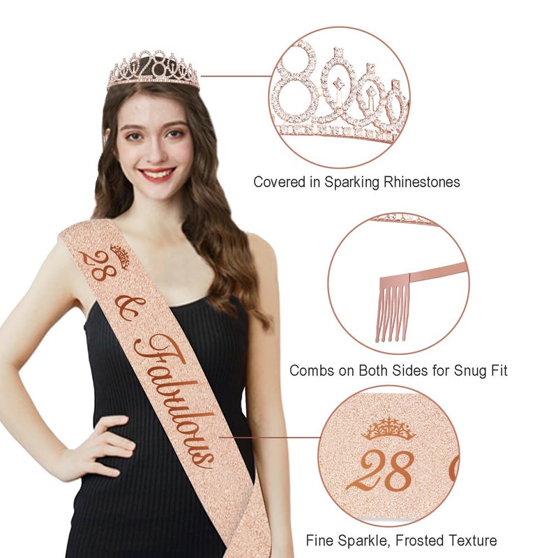 Juesly 28th Birthday Decorations for Women,32PCS 28th Birthday Party Decorations,Including Backdrop, Crown, Sash, banner, Hanging Swirl,balloons,Cake Topper,Paper Fans and Anniversary Card - Image 2