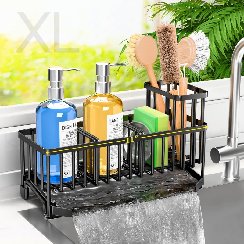 TomCare Extra Large 11 Sink Caddy With Drain Tray Nonslip Kitchen Sink Organizer With 2 Adjustable Dividers High Brush Holder Rustproof Sponge Holder Kitchen Storage Accessories for Counter