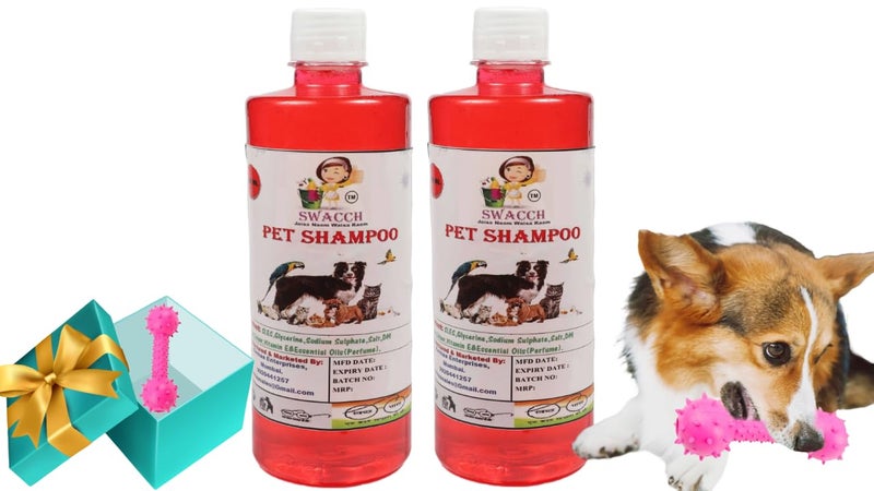 swacch Pet Shampoo + Dumbbell Toy I Durable Rubber Dog Toy for Chewing I Playing,Teeth Cleaning & Training Toy I Combo Pack I 500ml Pack of 2 Strawberry - Image 1