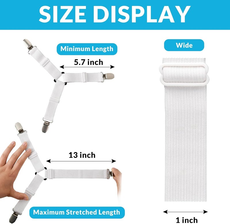 Inscool Bed Sheet Straps, 8Pcs Adjustable Bed Sheet Clips, Easy to Install Bed Sheet Clips, Keep in Place Fitted Bedding Holder, Bed Sheet Holder Straps, Bed Sheet Clips, Bed Accessories（White） - Image 4