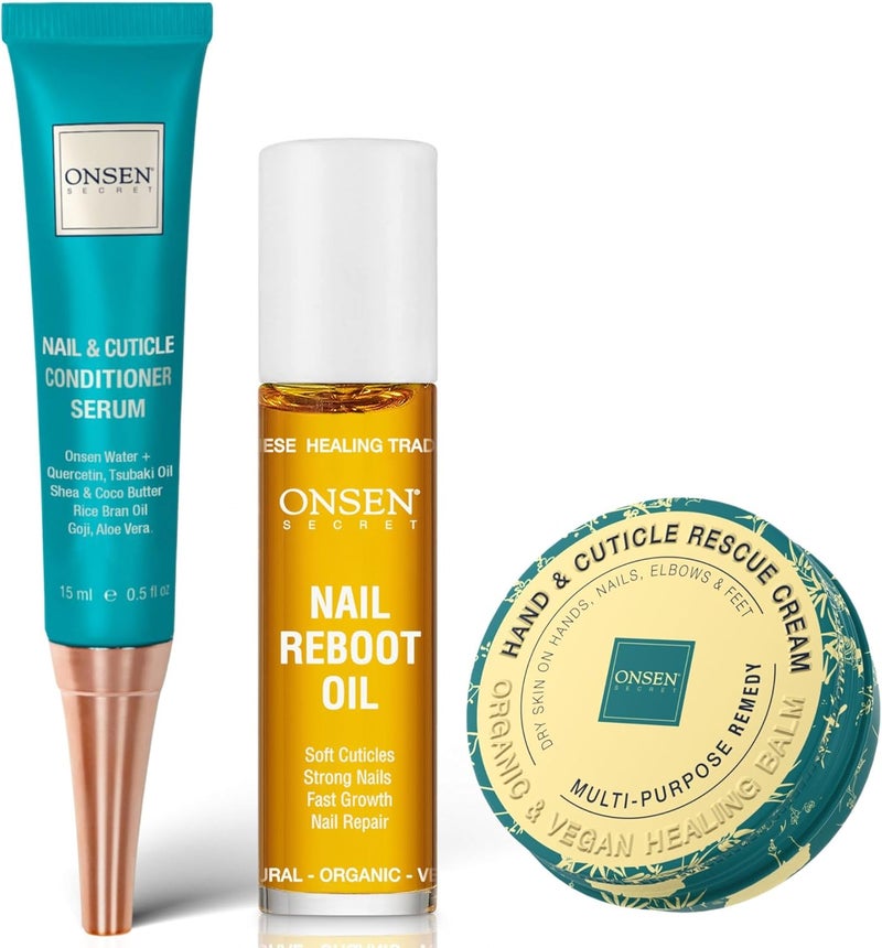 Onsen Nail Cuticle Rescue Kit Conditioner Serum Repair Oil Cuticle Balm Tsubaki Shea Butter Jojoba Strengthens Nails Softens Cuticles Hydrates Skin 15ml Serum 10ml Oil 26ml Cream