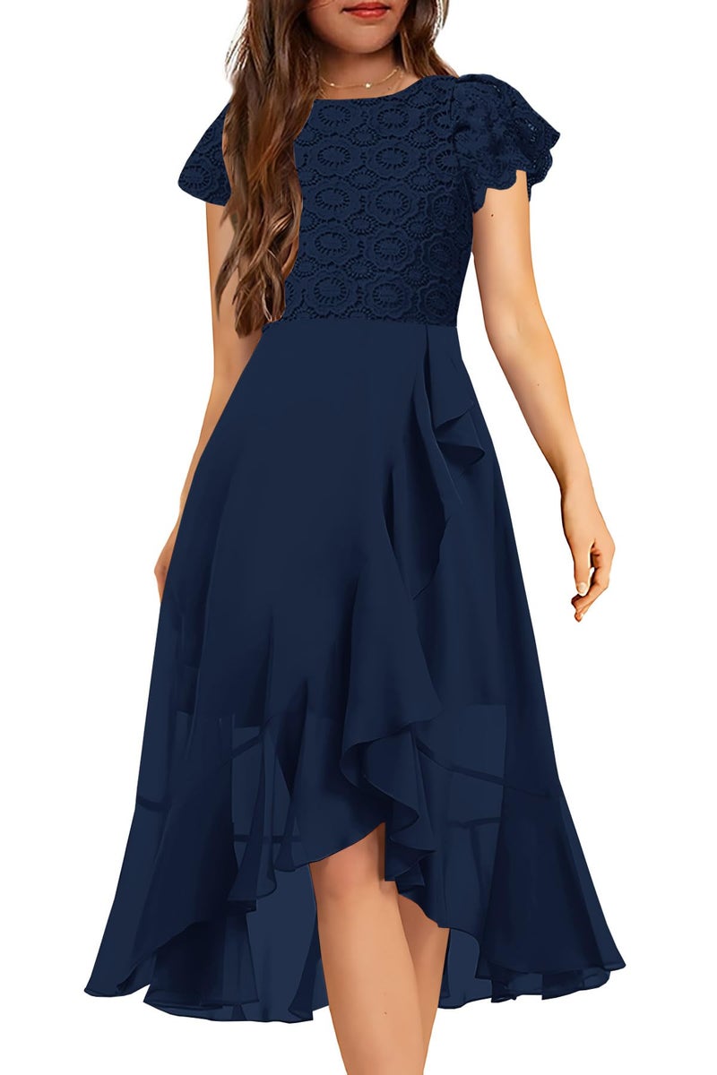 HOSIKA Junior Bridesmaid Dress Vintage Floral Lace A-line Formal Events Party Girls Dresses for 6-12 Years Navy Blue - Image 1