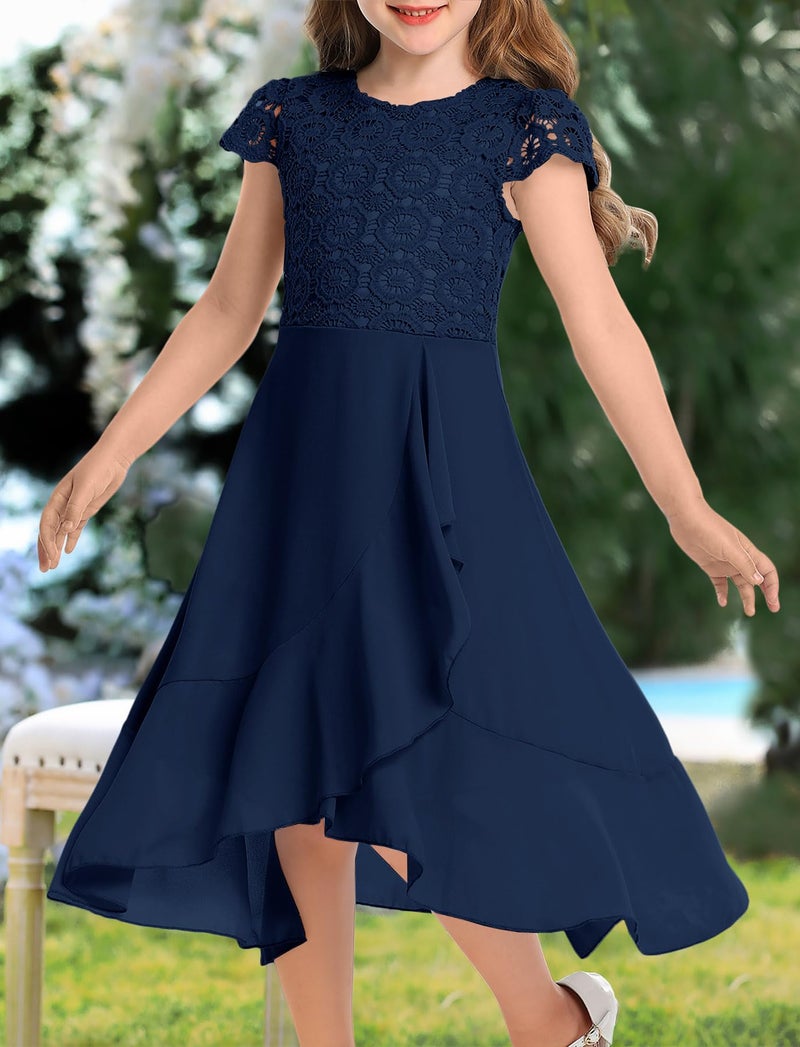 HOSIKA Junior Bridesmaid Dress Vintage Floral Lace A-line Formal Events Party Girls Dresses for 6-12 Years Navy Blue - Image 3