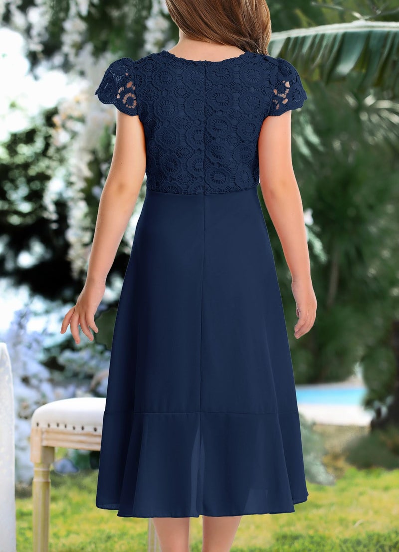 HOSIKA Junior Bridesmaid Dress Vintage Floral Lace A-line Formal Events Party Girls Dresses for 6-12 Years Navy Blue - Image 5