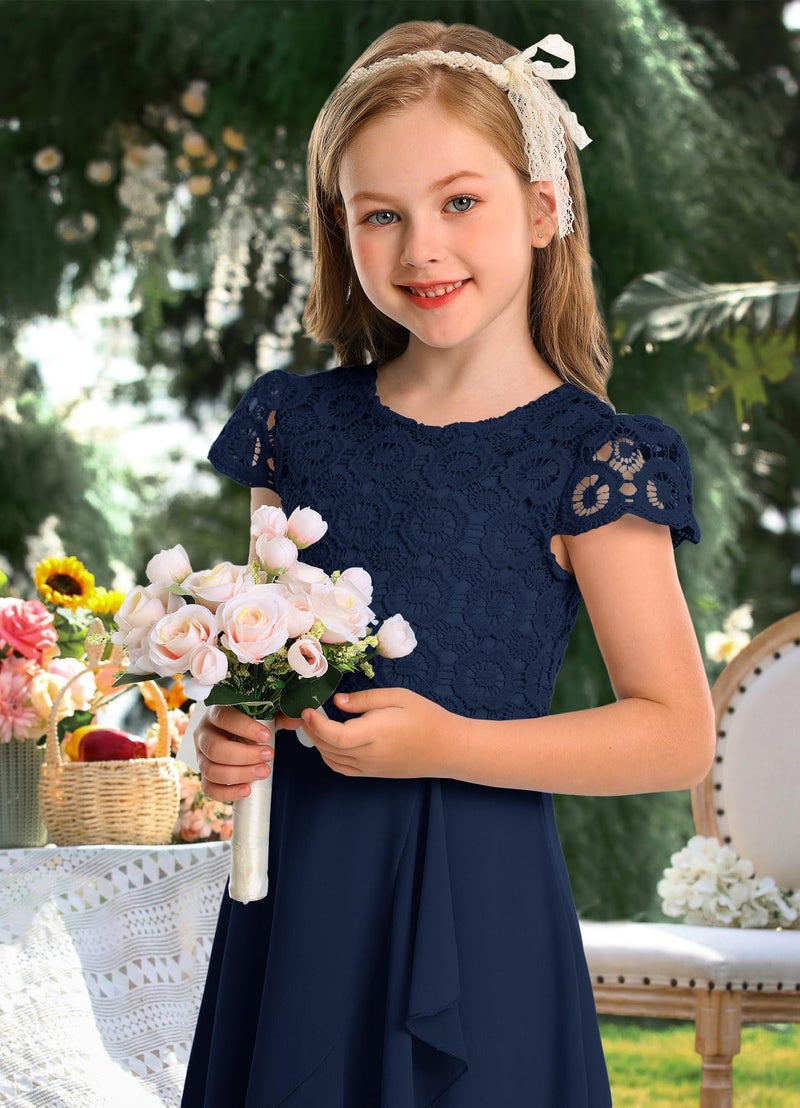 HOSIKA Junior Bridesmaid Dress Vintage Floral Lace A-line Formal Events Party Girls Dresses for 6-12 Years Navy Blue - Image 4