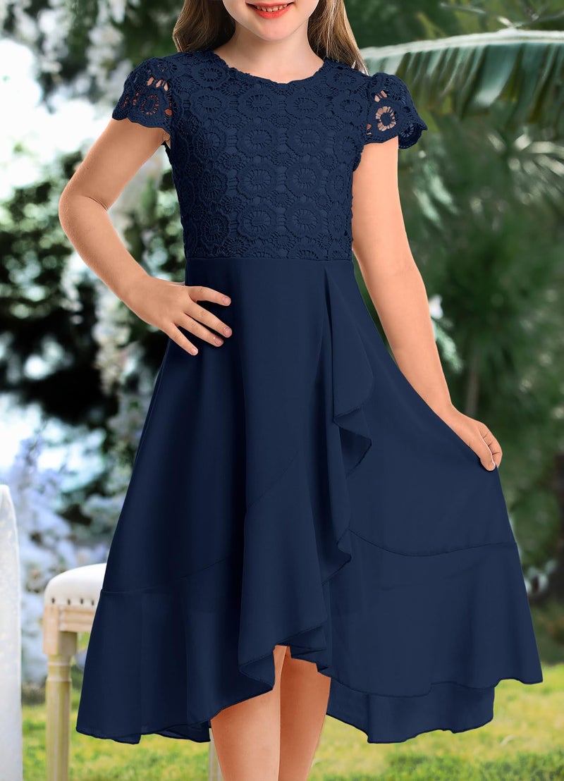 HOSIKA Junior Bridesmaid Dress Vintage Floral Lace A-line Formal Events Party Girls Dresses for 6-12 Years Navy Blue - Image 2