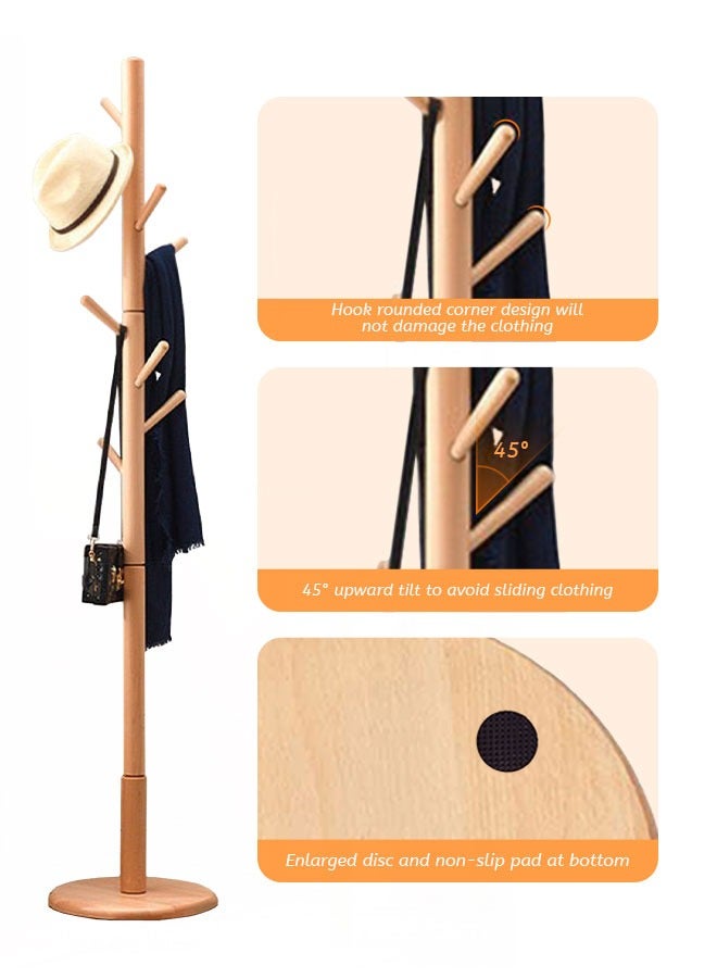 Occuwzz Coat Rack Freestanding Bamboo Wooden 8 Hooks 3 Adjustable Standing Coat Hanger  - Image 4