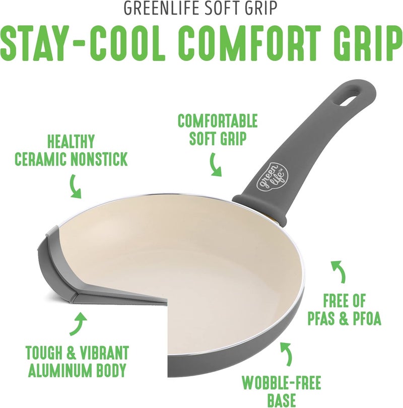 جرين لايف مجموعة أدوات الطهي Soft Grip الصحية الخزفية غير اللاصقة المكونة من 18 قطعة، قدور ومقالي صلصة وسوتيه، خالية من PFAS مع أدوات مطبخ وغطاء، آمنة للغسيل في غسالة الأطباق، باللون الرمادي - Image 4