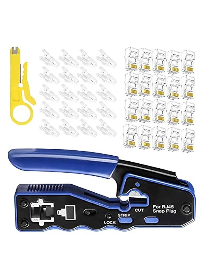 PROMASS RJ45 Crimp Tool, Kit of RJ45 Crimping Tool, RJ45 Pass Through Crimp Tool with 50 PCS CAT6 Pass Through Connectors, 50 PCS RJ45 Cat6 Protection Covers and Mini Stripping Plier  - Image 1