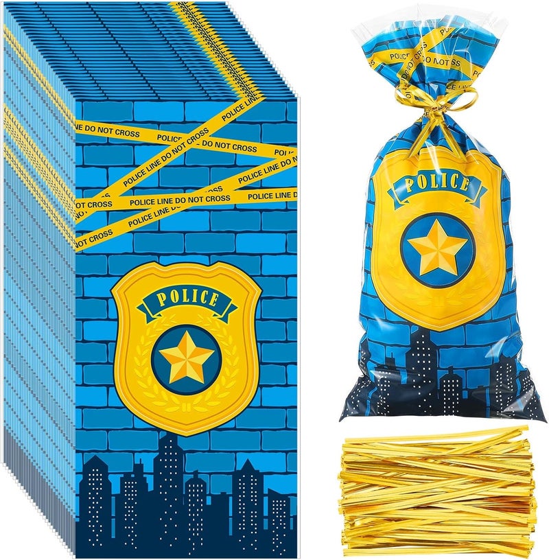 Epakh حقيبة سيلوفان شرطة 100 قطعة لحفلة الشرطة، أكياس هدايا، حلوى، أكياس معالجة زرقاء مع 100 رباط فضي لوازم عيد ميلاد الشرطي - Image 1